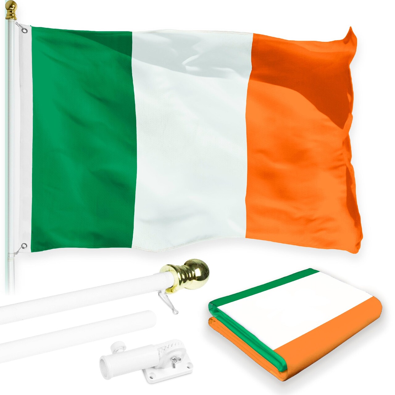G128 Combo Pack: 5 Ft Tangle Free Aluminum Spinning Flagpole (White) & Ireland Irish Flag 2x3 Ft, LiteWeave Pro Series Printed 150D Polyester | Pole with Flag Included